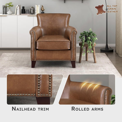 Lexicon 100% Top Grain Genuine Leather Chair, Leather Accent Chairs for Living Room, Solid Wood Frame, Rolled Armrest & Nailhead Trim, Comfy Reading for Bedroom, Office, Waiting Room, Brown