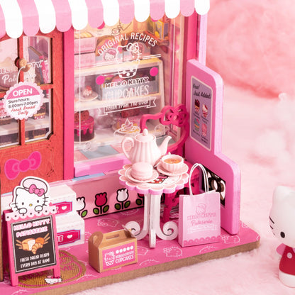 Hands Craft Hello Kitty Patisserie Miniature House Kit with Hello Kitty Figurine – Kawaii 3D Puzzle with Switch Activated LED Lights – DIY Wooden Craft Kit for Bedroom or Bookshelf Decor & Gifts