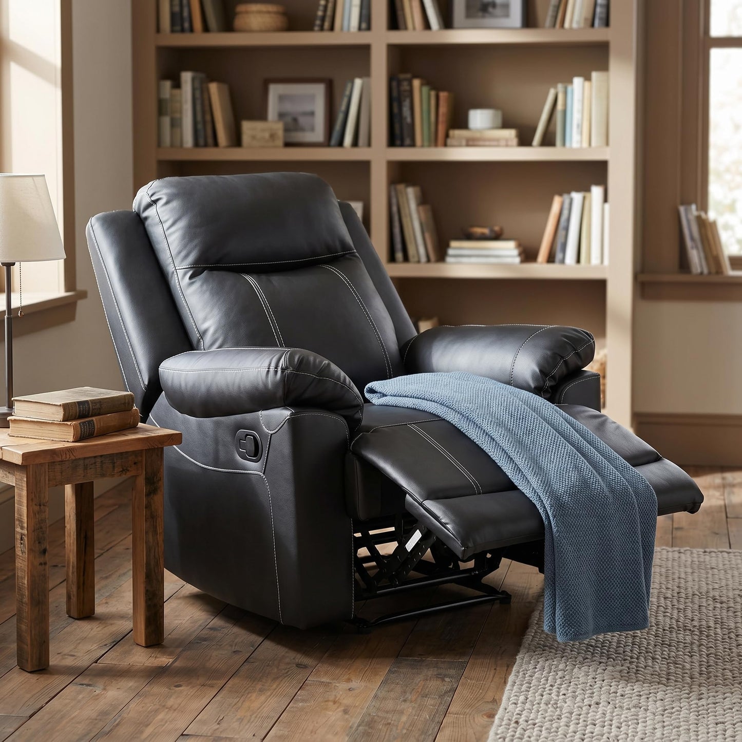 Trygoal Manual Recliner Chair, Nursery Rocking Chair, Leather Recliner Chair for Adults, Lazy Boy, Gaming Recliner wih Overstuffed Arms, Suitable for Home Theater, Living Room, Bedroom, Black