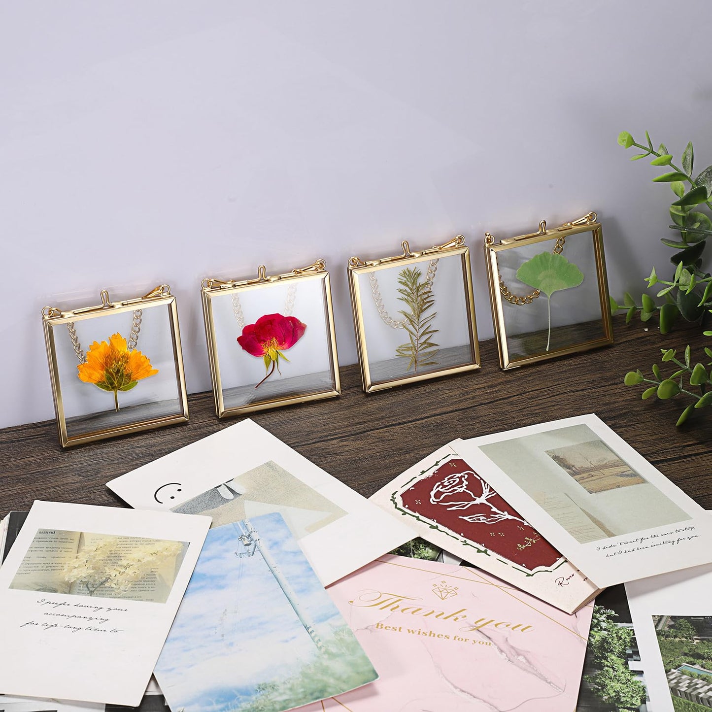 JUXYES 4 Pack Wall Hanging Mini Brass Frames for Pressed Flowers Art, Square Glass Hanging Dried Flowerss Artwork Display Frame, Double Glass Floating Style Gallery Wall Frame for Picture, Pressed Flower, etc