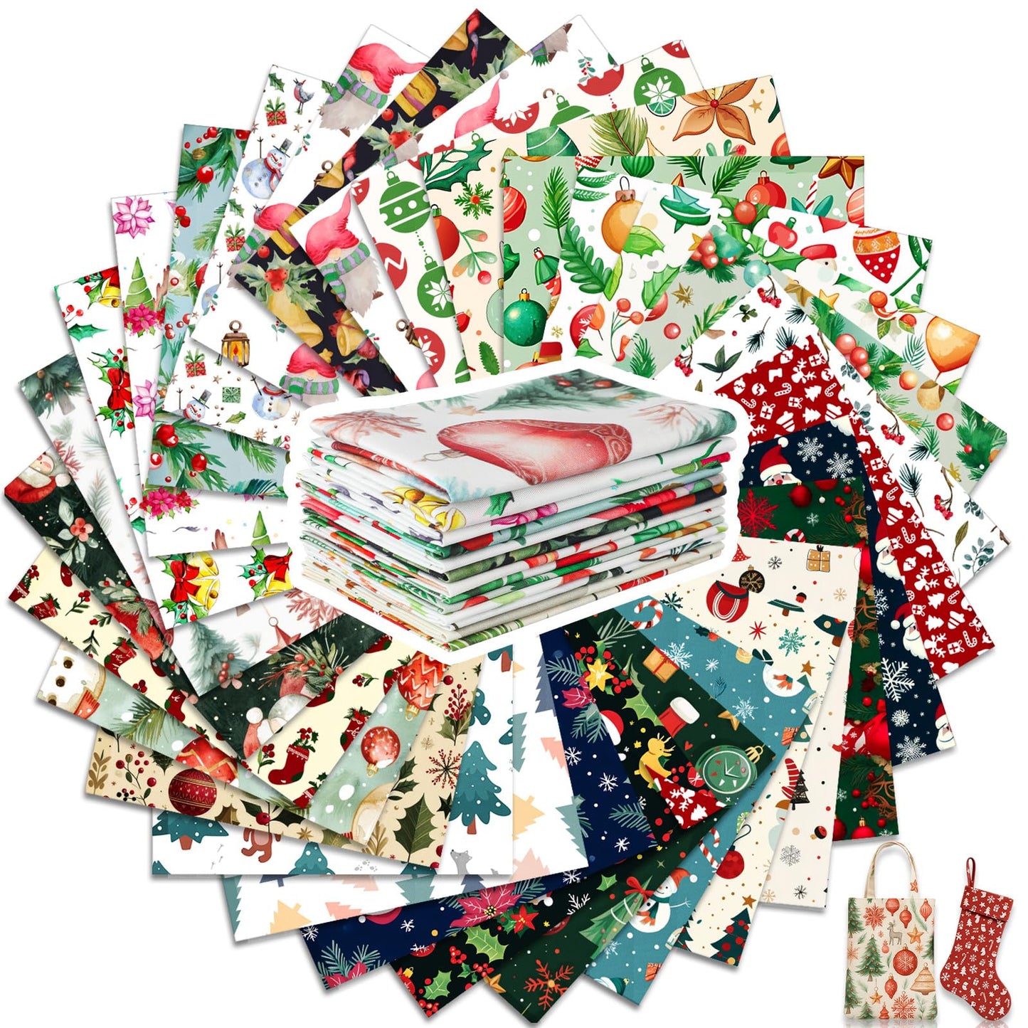 Tatuo 30 Pcs 10 x 10 Inches Christmas Cotton Fabric Bundle Squares Patchwork Floral Fabric Sewing Quilting Bundles Assorted Pattern Cloth for DIY Scrapbook Craft Making