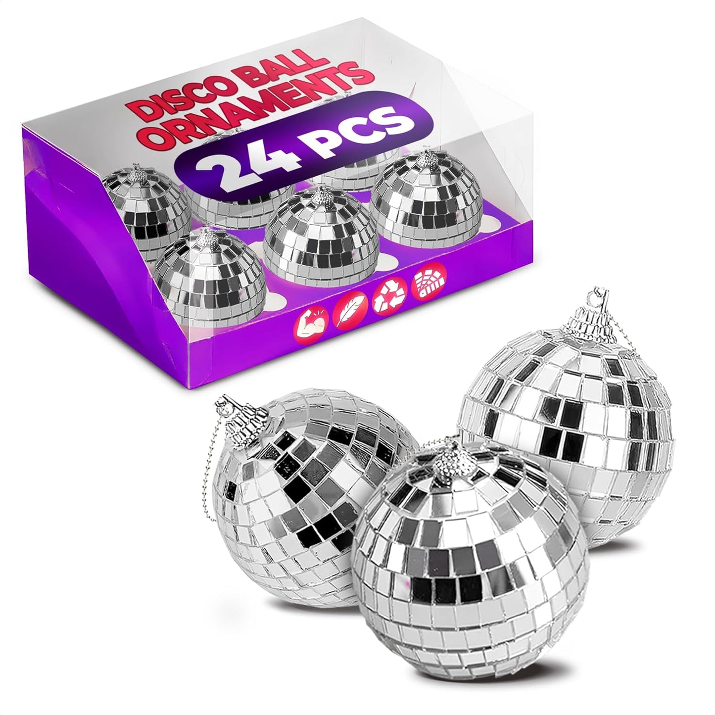 24 PCs Mini Disco Balls Set - 1.8 in Ornaments for Parties, Lightweight & Portable Decorations, Silver Sparkle