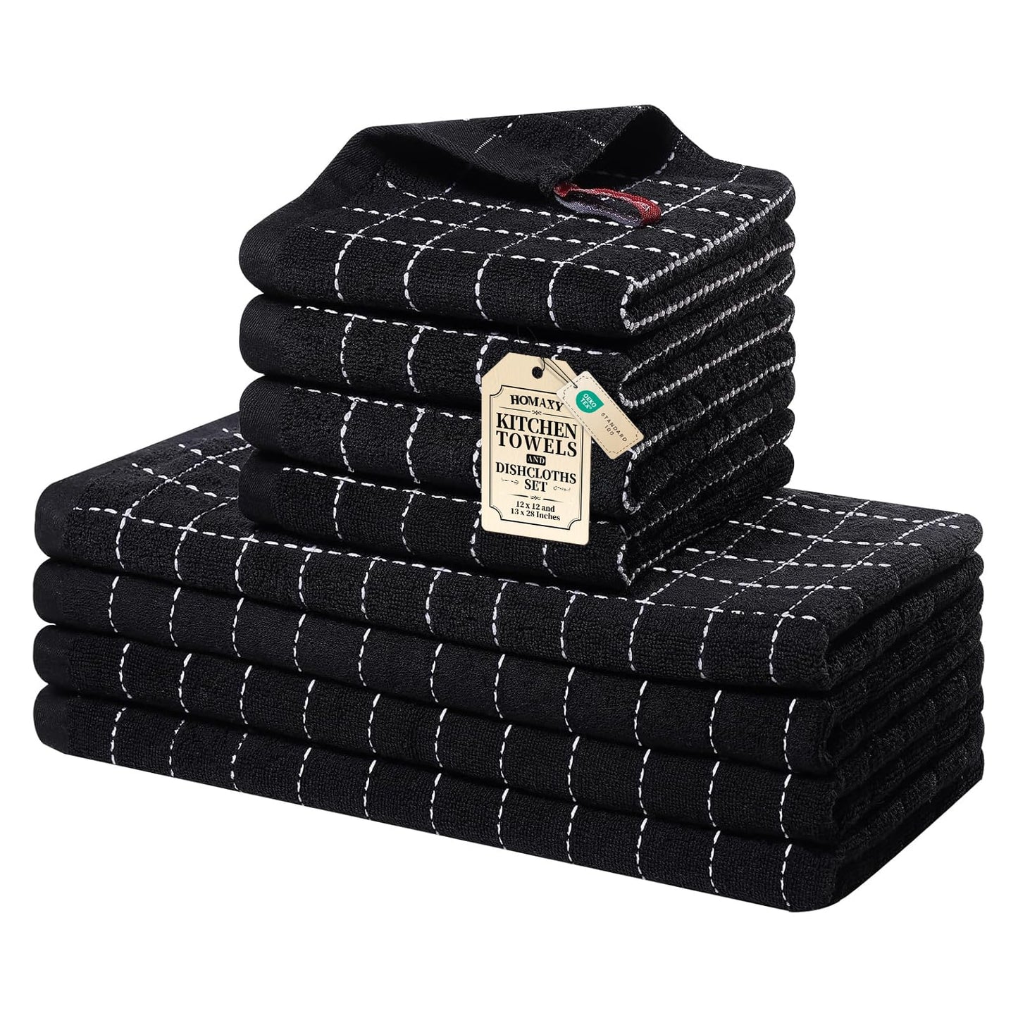 Homaxy Kitchen Towels and Dishcloths Set, 12 x 12 and 13 x 28 Inches, Set of 8 Bulk Cotton Terry Kitchen Towels Set, Checkered Designed, Soft and Super Absorbent Dish Towels, Black
