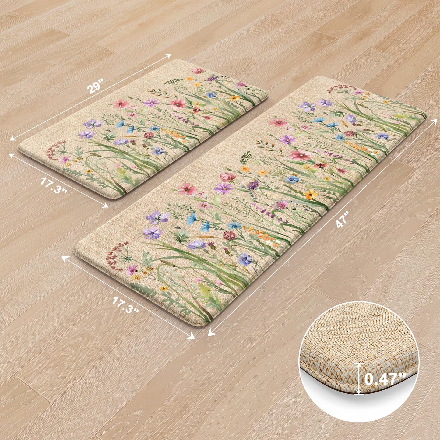KIMODE Anti Fatigue Kitchen Mat, 17"x47"+17"x29" Floral Kitchen Rugs Sets of 2, Farmhouse Kitchen Floor Mats Non-Slip Cushioned, Comfort Standing Desk Mat for Sink, Laundry,Home Brown