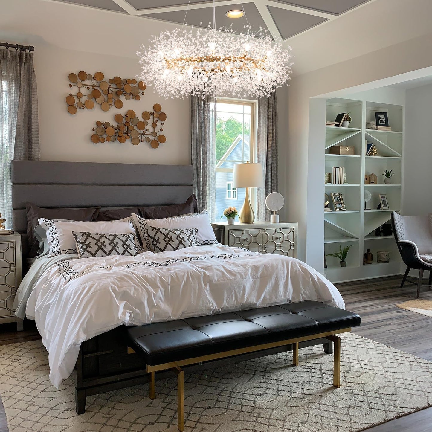 Wellmet Firework Chandelier 38 inch, Modern Crystal Chandelier Gold Wagon Wheel Light Fixture, Mid Century Round Ceiling Lighting for Dining Room, Foyer, Living Room, Bedroom, Hallway, Entryway