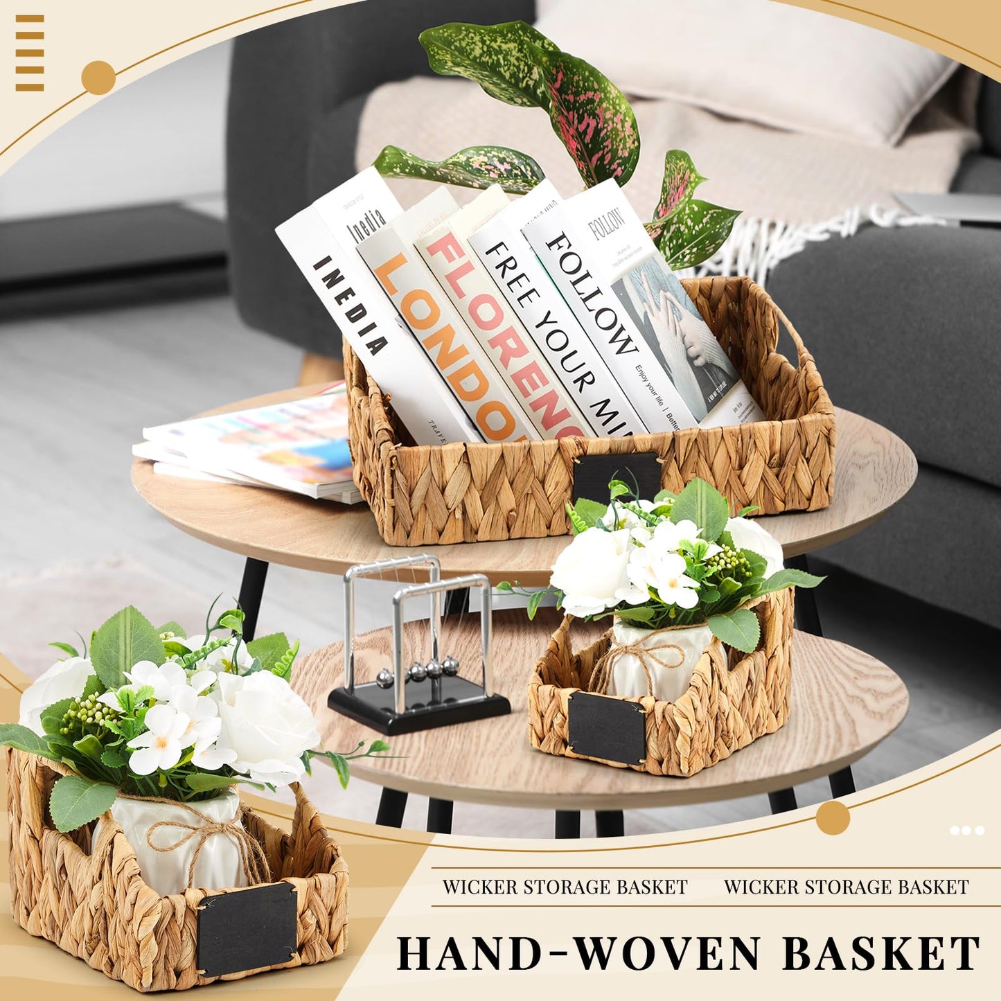 Wonderjune 4 Pcs Water Hyacinth Storage Basket Set Boho Wicker Rattan Pantry Basket with Chalkboard Label Handles Woven Container Kitchen Laundry Large Small for Shelves Food Home Bathroom Decor