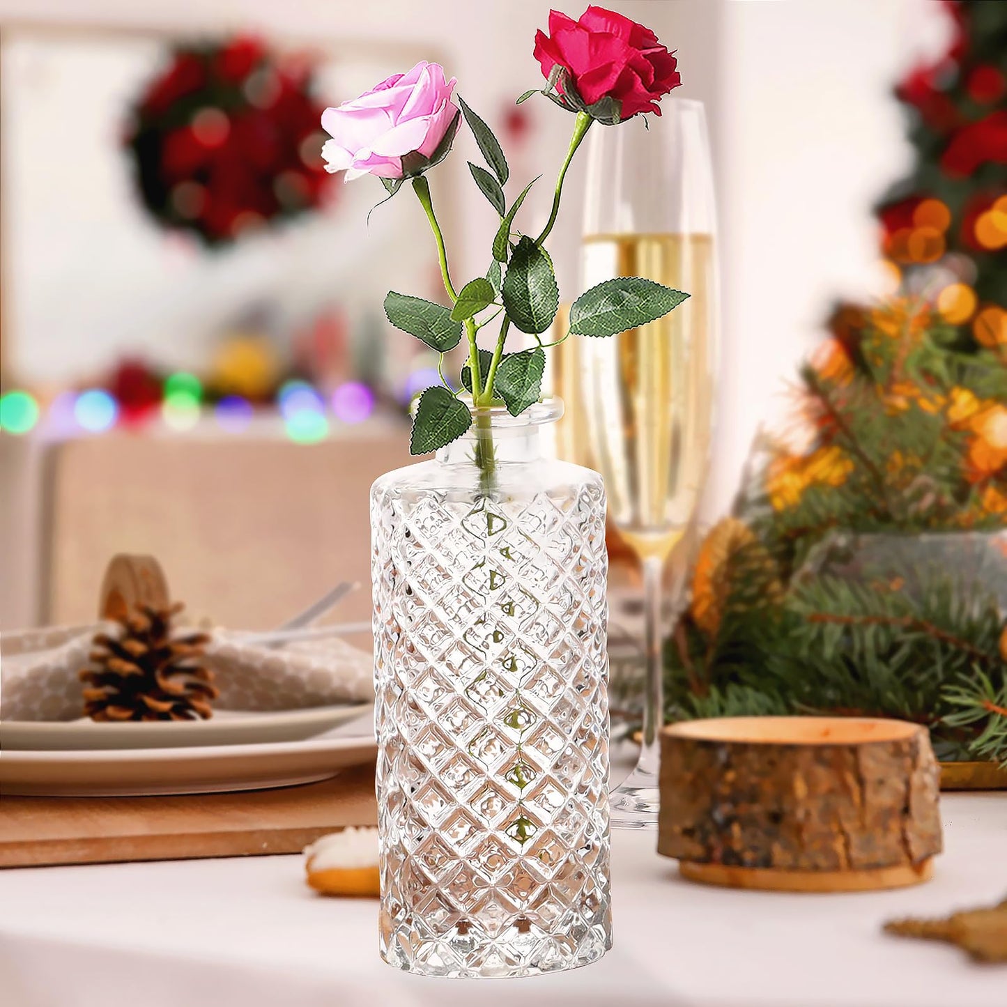 Clear Glass Bottles with Lids Bud Vases in Bulk Set of 12 Mini Flower Vase for Table Decor Small Bottle for Potion,Juice, Oils, Vinegar,Whiskey,Wine, with 2 Cleaning Brush,Dishwasher Safety