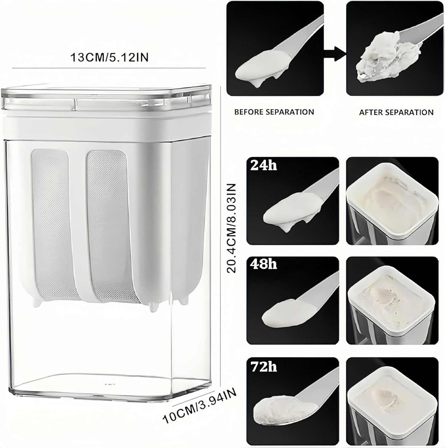 Yogurt Strainer—【1.9QT/0.475GAL Total】 & 【0.9QT/0.23GAL Filter】, Yogurt Strainer Greek Yogurt Strainer Yogurt Press, BPA-Free PP Strainer for Whey Separation（Totle1.9QT）