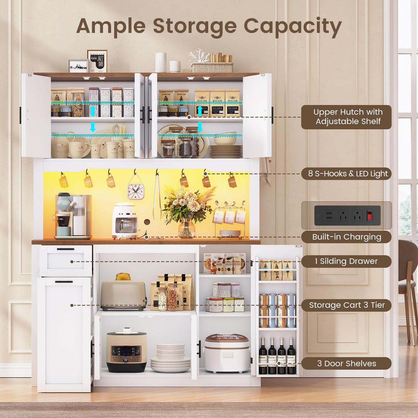 Itaar 71" Pantry Cabinet with Charging Station and LED Light, Kitchen Pantry Cabinet with Microwave Stand, 47.2" Wide Kitchen Storage Cabinets with Storage Cart 3 Tier for Dining Room, White