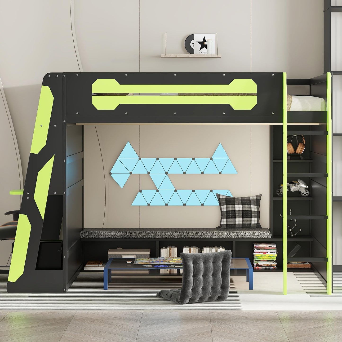 Full Size Wood Gaming Loft Bed with Desk, Full Loft Bed with Multi-Storage Shelves, Light and Charging Station for Teens, Adults Desk Built-in Console Shelf Underneath No Box Spring Needed, Green