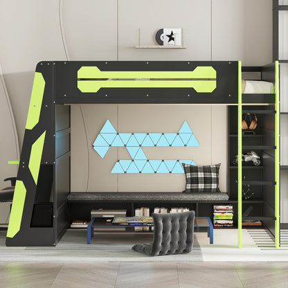 Full Size Wood Gaming Loft Bed with Desk, Full Loft Bed with Multi-Storage Shelves, Light and Charging Station for Teens, Adults Desk Built-in Console Shelf Underneath No Box Spring Needed, Green