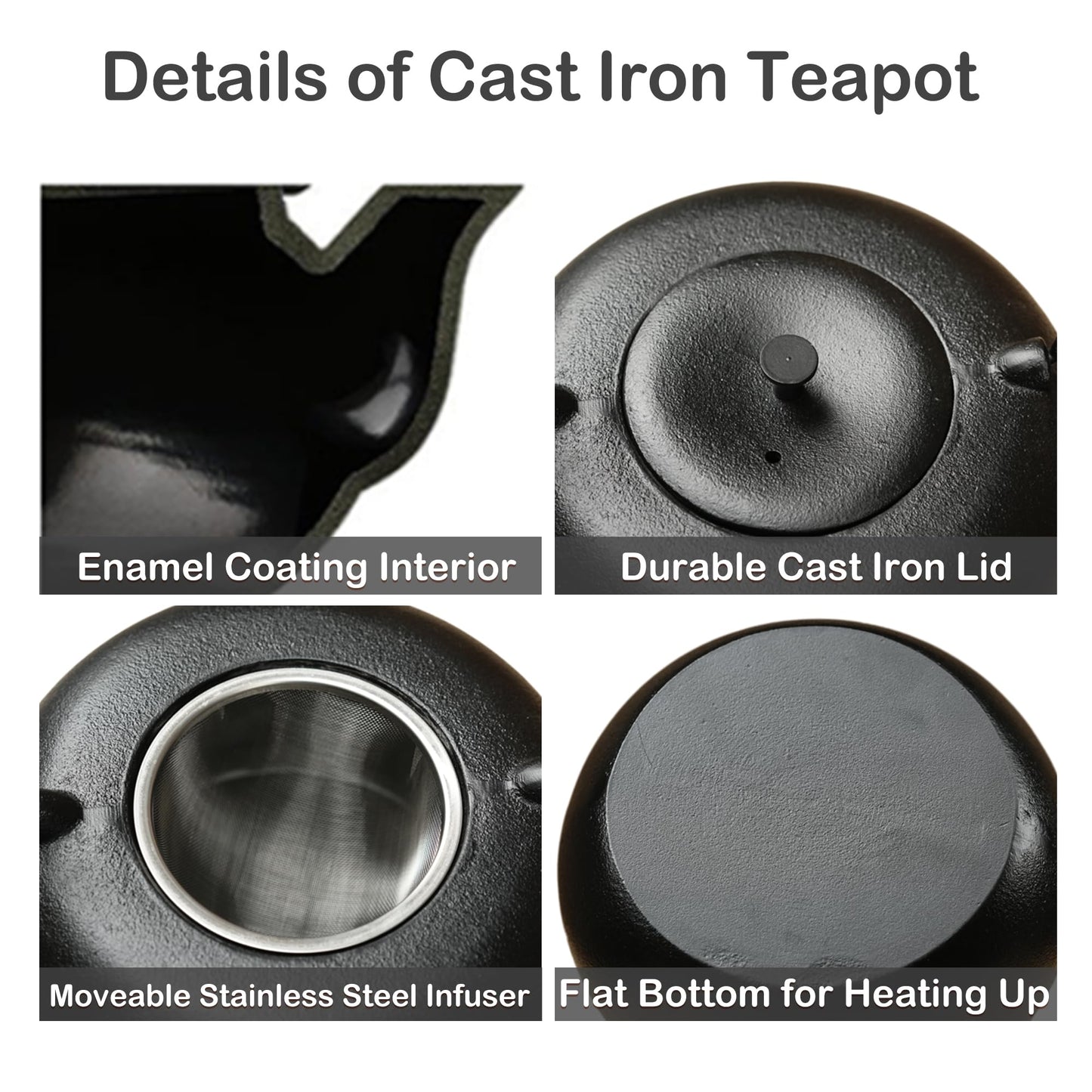 SECHUDO 67.6oz Cast Iron Teapot for Stovetop Safe, Black Chinese Tea Kettle with Stainless Steel Infuser for Loose Leaf, Heavy and Large Tea Pot for Induction Cooker, Teapot Enameled Interior