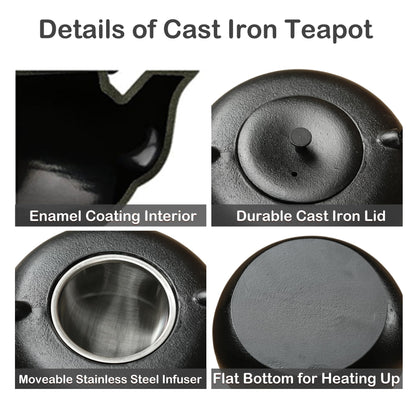 SECHUDO 67.6oz Cast Iron Teapot for Stovetop Safe, Black Chinese Tea Kettle with Stainless Steel Infuser for Loose Leaf, Heavy and Large Tea Pot for Induction Cooker, Teapot Enameled Interior