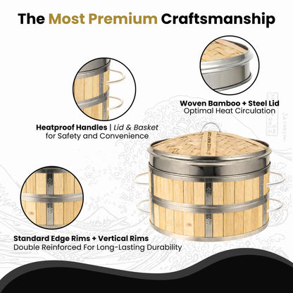 Bamboo Steamer 10" - Heavy-Duty Dumpling Steamer Basket, 2 Tier Bamboo Steamers for Cooking & Steaming Dim Sum, Bao Bun, Gyoza, Shumai & Vegetables - 10 Inch Steam Baskets with Handles & Accessories Set