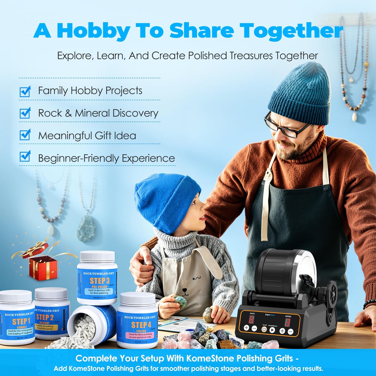 K1 Rock Tumbler Kit – Reliable Rotary Rock Polisher for Adults, Beginners & Hobbyists, 2.5LB Quiet Rubber Barrel with 3 Speeds, 9-Day Timer & Memory Function, Full Accessories Included, Ideal Gift