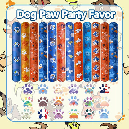 QZYCMHOO 74PCS Dog Paw Favor 50PCS Dog Paw Party Stickers&24PCS Slap Bracelets Paw Birthday Supplies Team Gift Filler