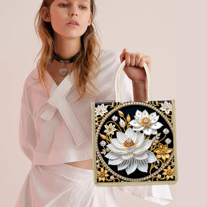 antor DIY Diamond Painting Tote Bag Kit for Adults, Lotus Flower Elegant Diamond Art Handbag Craft Storage Bag, Crystal Art Diamond Painting Bag for Casual Shopping, Travel, Daily Use, Gift