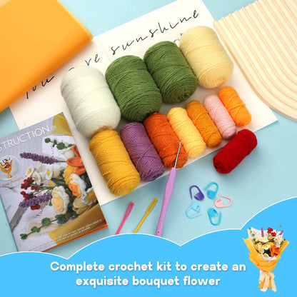 Iuuidu Crochet Kit for Beginners, Flower Bouquet Crochet Kit Rose, Knitting Starter Kit with Crochet Yarn and Step-by-Step Instructions for Birthday, Wedding Anniversary Day Present