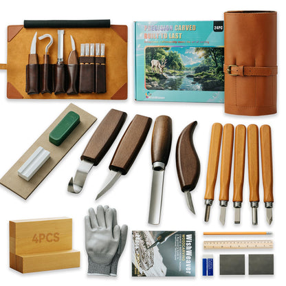 Wood Carving Kit, 24Pcs Wood Carving Tools Set with Leather Storage Bag, Wood Carving Set 4 Wood Carving Knives 5 Chisels 9 Blocks, Whittling Kit for Beginners Enthusiasts Adults Kids Gift DIY
