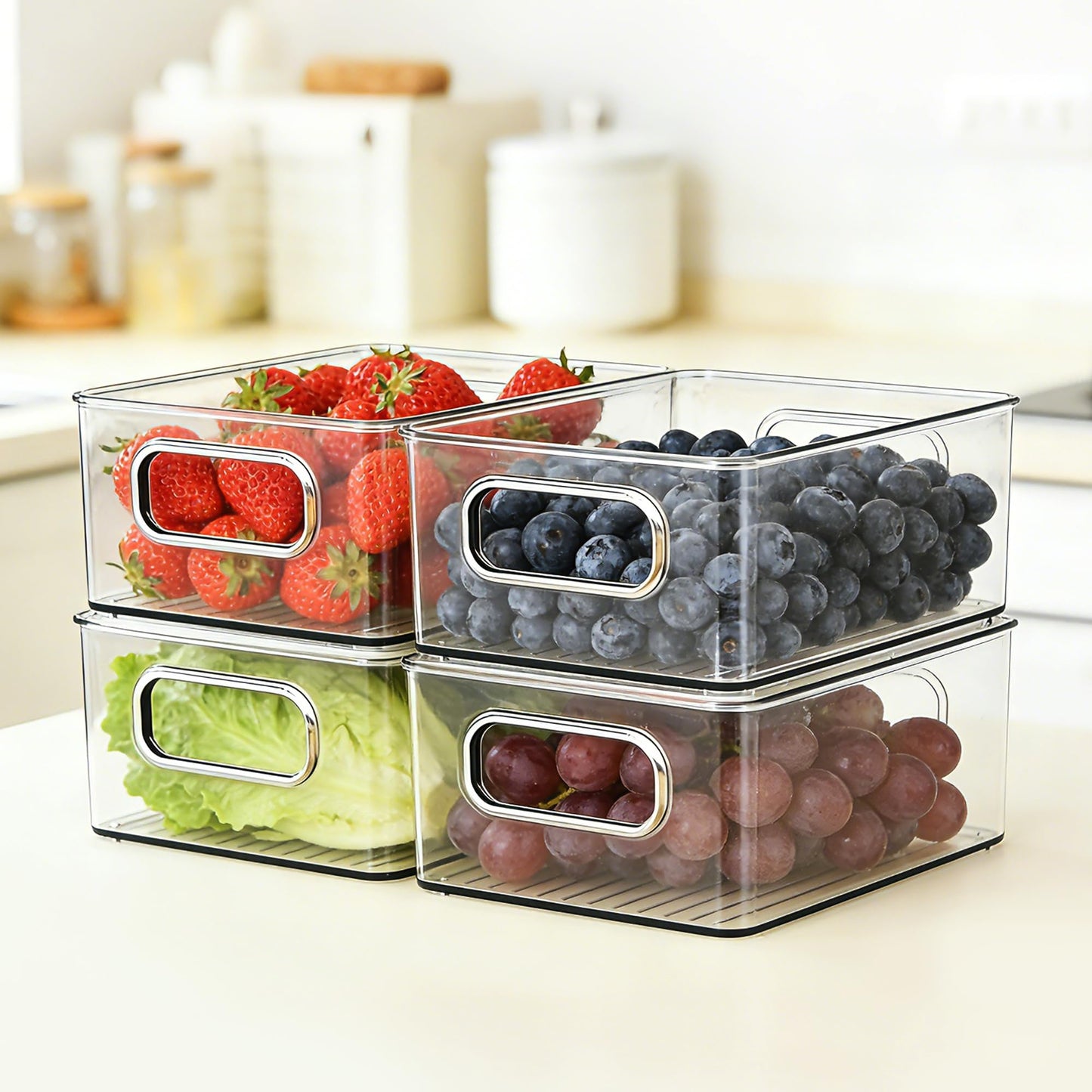 LotFancy Refrigerator Organizer Bins, 4 Pack,10x6x3 in, BPA Free Clear Plastic Storage Bins for Pantry Organization, Stackable Containers with Handles for Fridge, Kitchen Drawer, Freezer, Cabinet