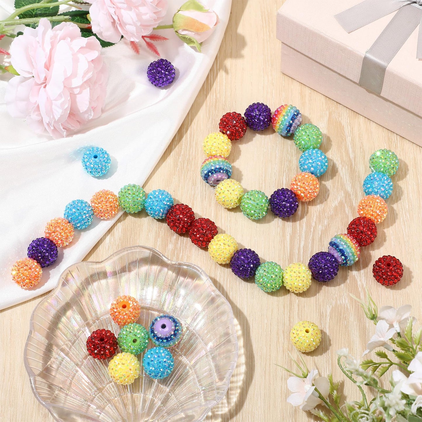 Loetere 40 Pcs 20 mm Rhinestone Beads Bulk Crystal Round Disco Ball Chunky Bubblegum Beads for Pens Bracelets Charms Craft European Style Jewelry Making Supplies Christmas(Rainbow)