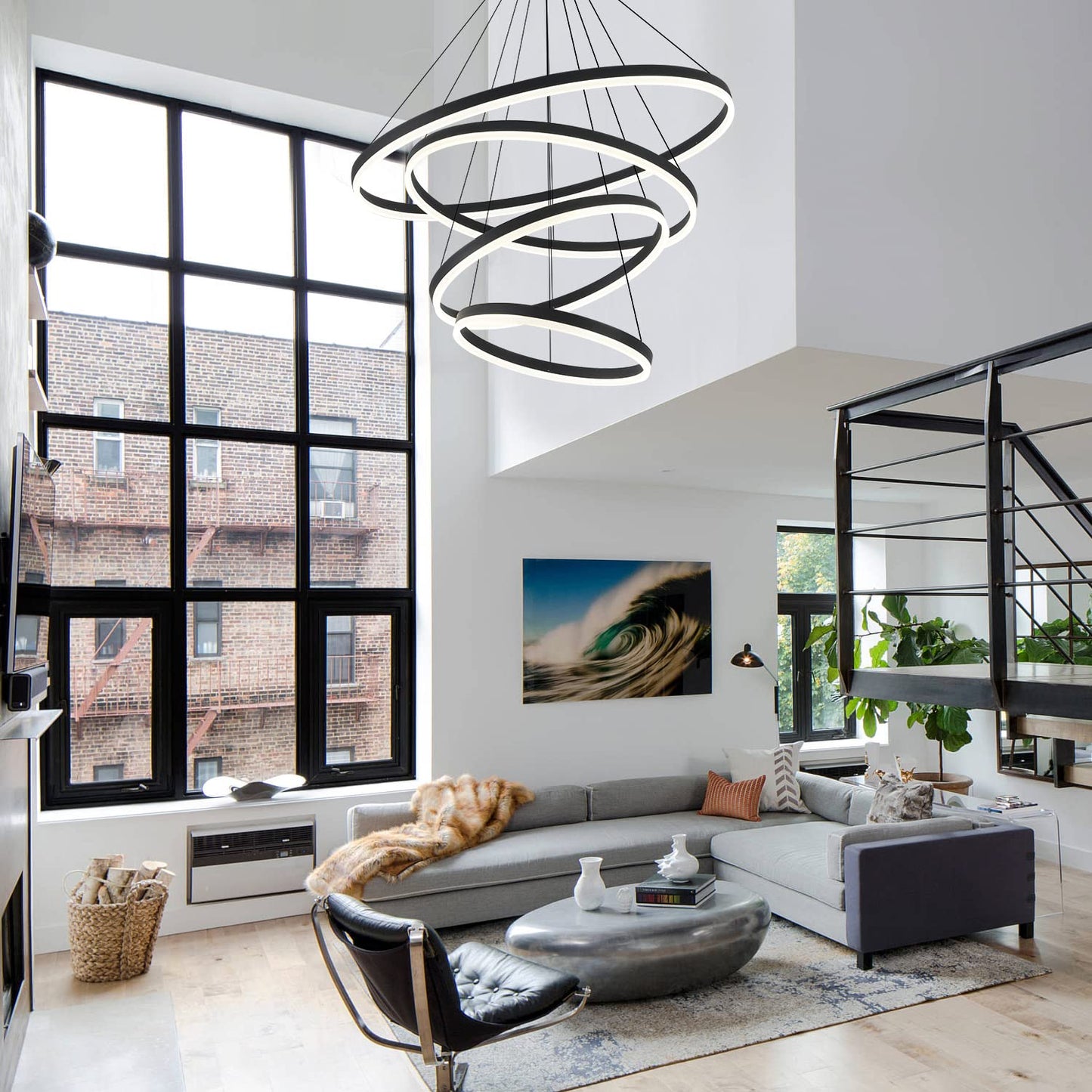 XGZL · LIGHTING 4-Rings Modern LED Chandelier Black Contemporary for Living Room, Dimmable Flush Mount High Ceiling Pendant Light with Remote Control for Staircase Dining Room(D31.5’’, 3000K-6500K)