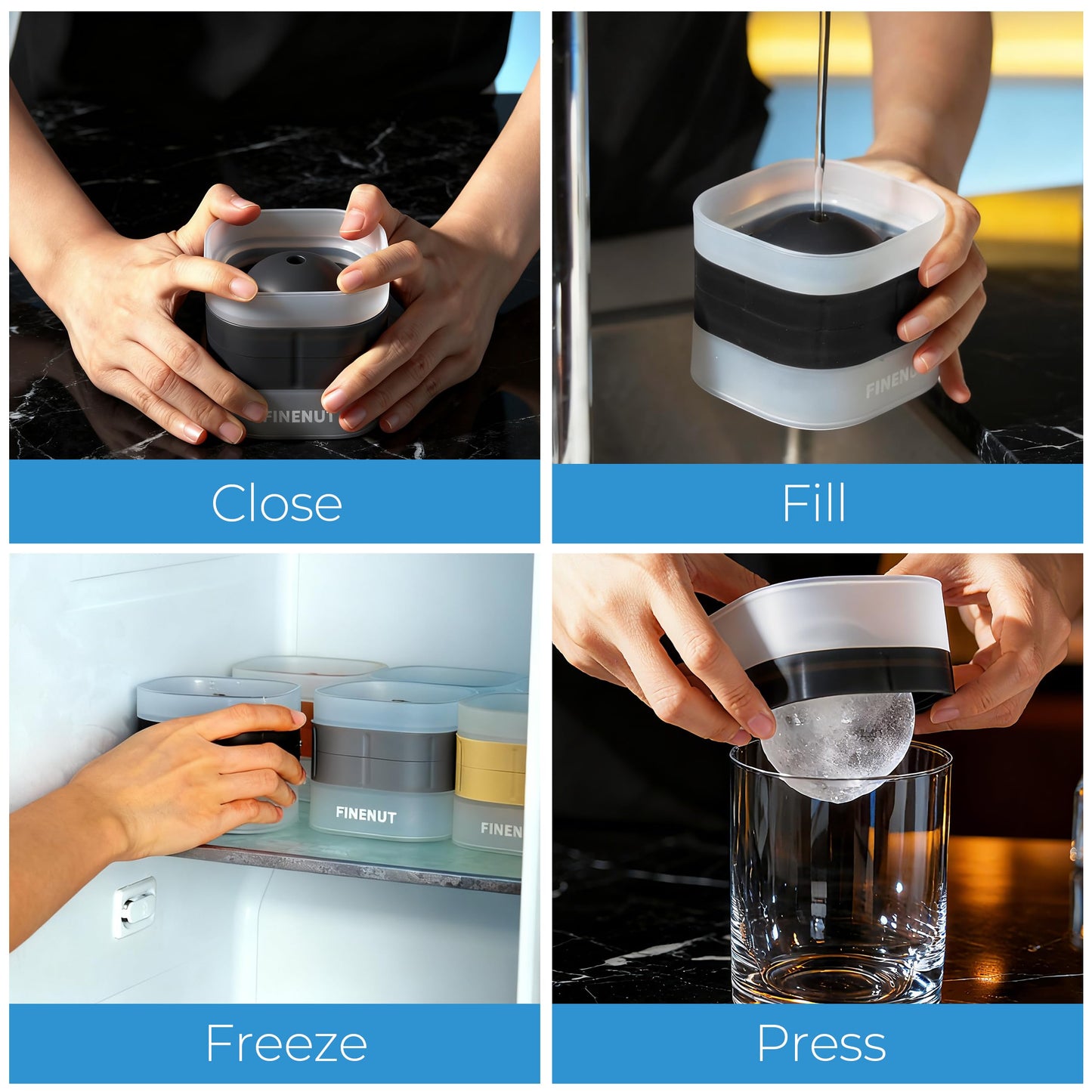 FINENUT Easy Release Ice Ball Maker Mold, 4 Pack, 2.5 Inch Large Round Ice Cube Mold for Whiskey & Cocktails, Stackable Lid, Reinforced Leak-Resistant Silicone, BPA-Free