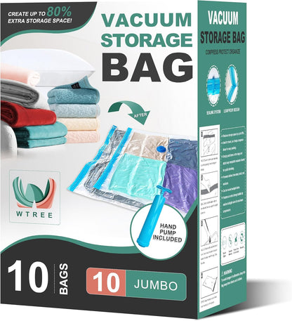 Vacuum Storage Bags - Space Saver Bags for Comforters, Blankets, Clothes Storage, 10 Jumbo Bags with Hand Pump Included