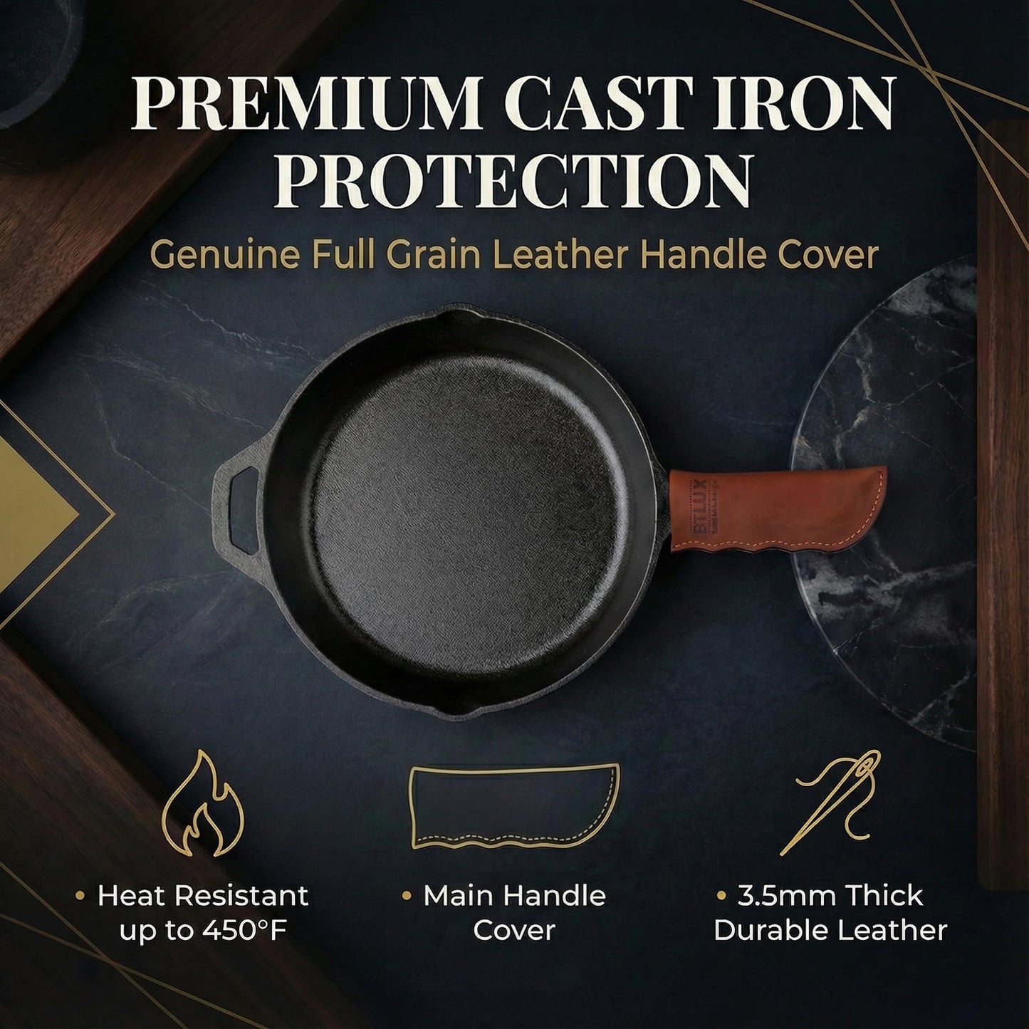 Made in Georgia - Cast Iron Handle Cover- Extra Thick Leather Heat Resistant Handle Holder for Cast Iron Skillets, Pans