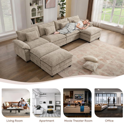 IPKIG 154" Modular Sectional Sofa, Chenille C-Shaped Sectional Couch Comfy Upholstered Seat Sofa with Ottoman, Deep Seat Cloud Couch Sofa for Living Room, Khaki