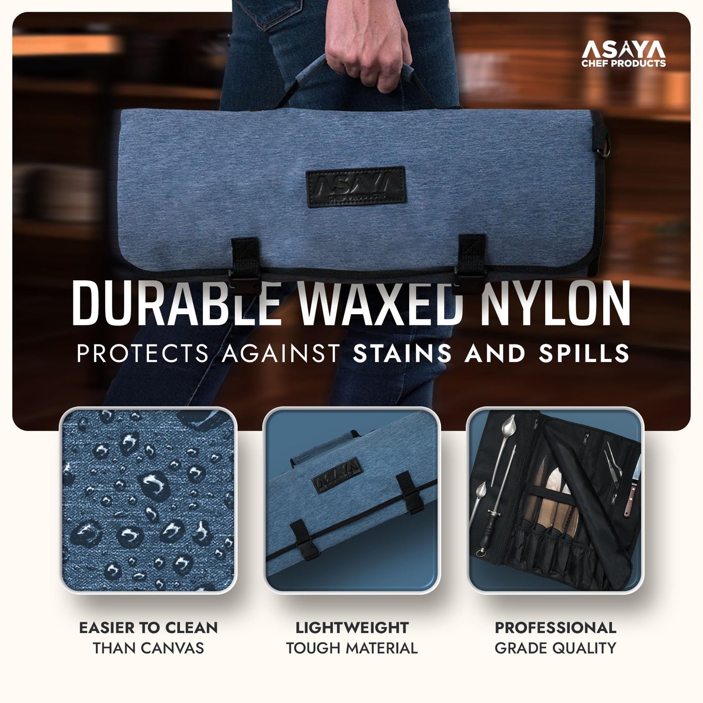 Asaya Waxed Nylon Chef Knife Roll Bag with 20 Slots and Zippered Pockets - Professional Chef Knife Bag & Storage Case, Tool Carrier with Shoulder Strap - Knives Not Included (Blue)