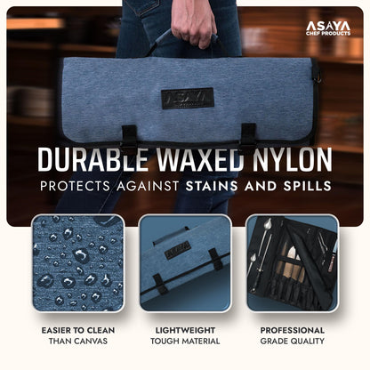 Asaya Waxed Nylon Chef Knife Roll Bag with 20 Slots and Zippered Pockets - Professional Chef Knife Bag & Storage Case, Tool Carrier with Shoulder Strap - Knives Not Included (Blue)