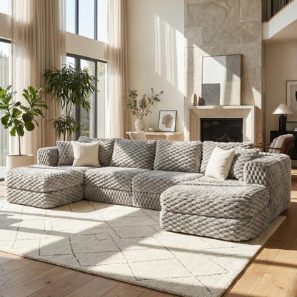 Merax 135.4 Inch Modular Sectional Sofa with 2 Movable Ottomans, Bubble Velvet U-Shape Convertible Couch for Living Room, Reversible Chaise, Includes 4 Throw Pillows, Grey