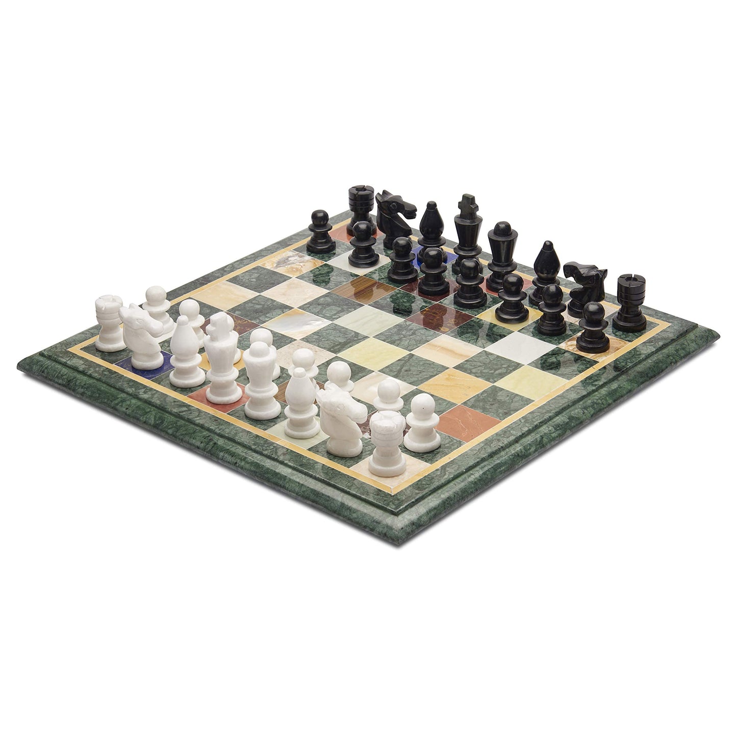 Queenza Green Marble Chess Sets for Adults Unique - 12 Inch Inlaid with Gemstones Handmade Chess Board Game with Alabaster Marble Chess Pieces Set of 32 - Tournament Chess Set with Storage