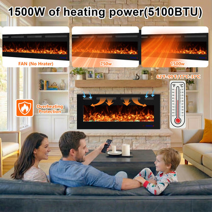 Oxhark Flame 60 Inches Electric Fireplace, Wall Mounted Fireplace Inserts Electric Heater, Flame Effects Like Real Flame, Low Noise, Timer & Thermostat Setting, 750W/1500W