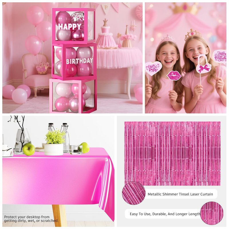 276PCS Hot Pink Birthday decorations Tableware Set Serve 20 Guests, Glitter Happy Birthday Banners, Hanging Swirls, Backdrops, Foil Balloons, Tableware Set, Photo Props for Girls