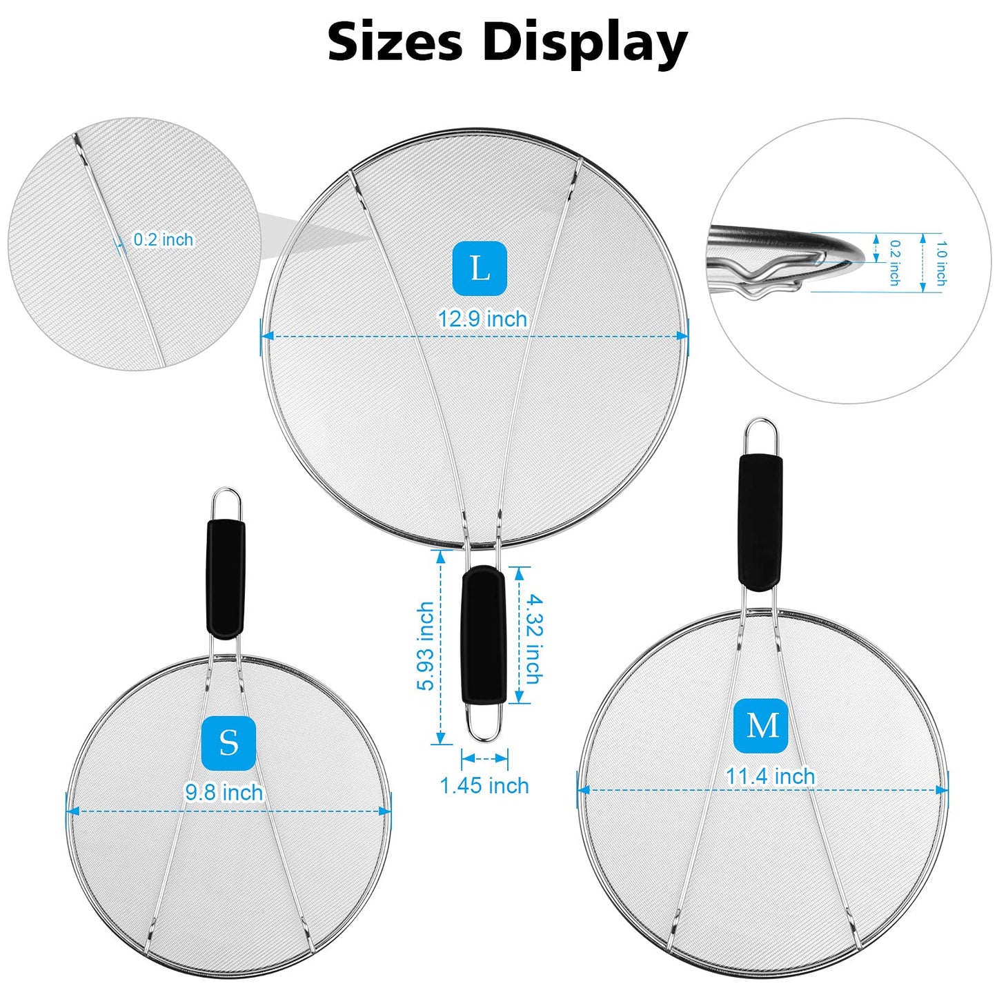 Splatter Screen for Frying Pan - 9.8" 11.4" 13" Stainless Steel Fine Mesh Grease Splatter Guard with Silicone Handle, Hot Oil Splash Guard for Cooking to Prevent Oil Splatter, Safe Cooking