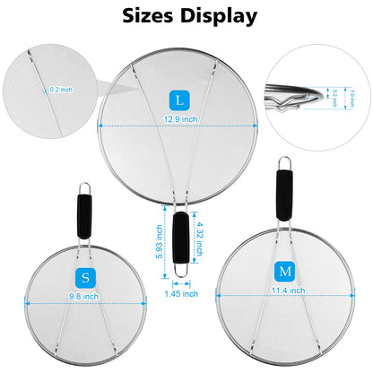 Splatter Screen for Frying Pan - 9.8" 11.4" 13" Stainless Steel Fine Mesh Grease Splatter Guard with Silicone Handle, Hot Oil Splash Guard for Cooking to Prevent Oil Splatter, Safe Cooking