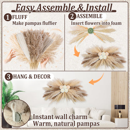 36-38" Large Pampas Grass Wall Decor, DIY Artificial Roses & Natural Dried Boho Hanging Flowers for Wall, Mirror, Wedding Arch, Entryway Decor, Gift, Requires Assembly & Easy Install