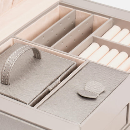 WOLF Heritage Medium Jewelry Box, Pewter - 28 Compartments, 10 Ring Rolls, 20 Earring Holes + 10 Necklace Compartments - Includes Travel Case