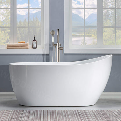 WOODBRIDGE 59" Acrylic Freestanding Bathtub Contemporary Soaking White Tub with Brushed Nickel Overflow and Drain，B-1530 -B/N-Drain &O