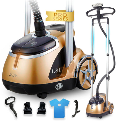 SALAV Limited Edition Professional Series Dual Bar Garment Steamer with Foot Pedals, Stainless Steel Steam Plate, Retractable Power Cord, 1.8L (60.8 oz) Water Tank, 1500 watts, 60+mins of Steam