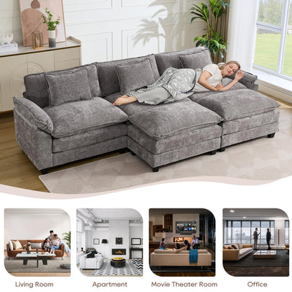 IPKIG 117" Modular Sectional Sofa, Chenille U-Shaped Sectional Couch Comfy Upholstered 3 Seat Sofa with 2 Ottoman, 3 Lumbar Pillow, Deep Seat Cloud Couch Sofa for Living Room, Light Grey