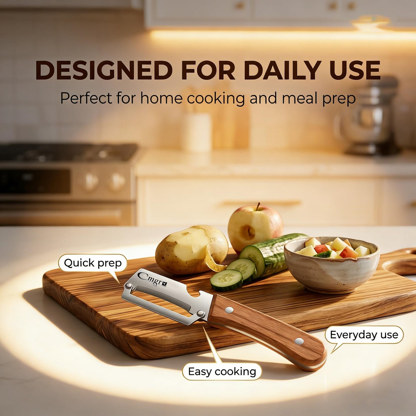 Vegetable Peeler, Multifunctional Stainless Steel Potato & Fruit Peeler with Bottle Opener, Wooden Handle Kitchen Tool, Zero Snag Design