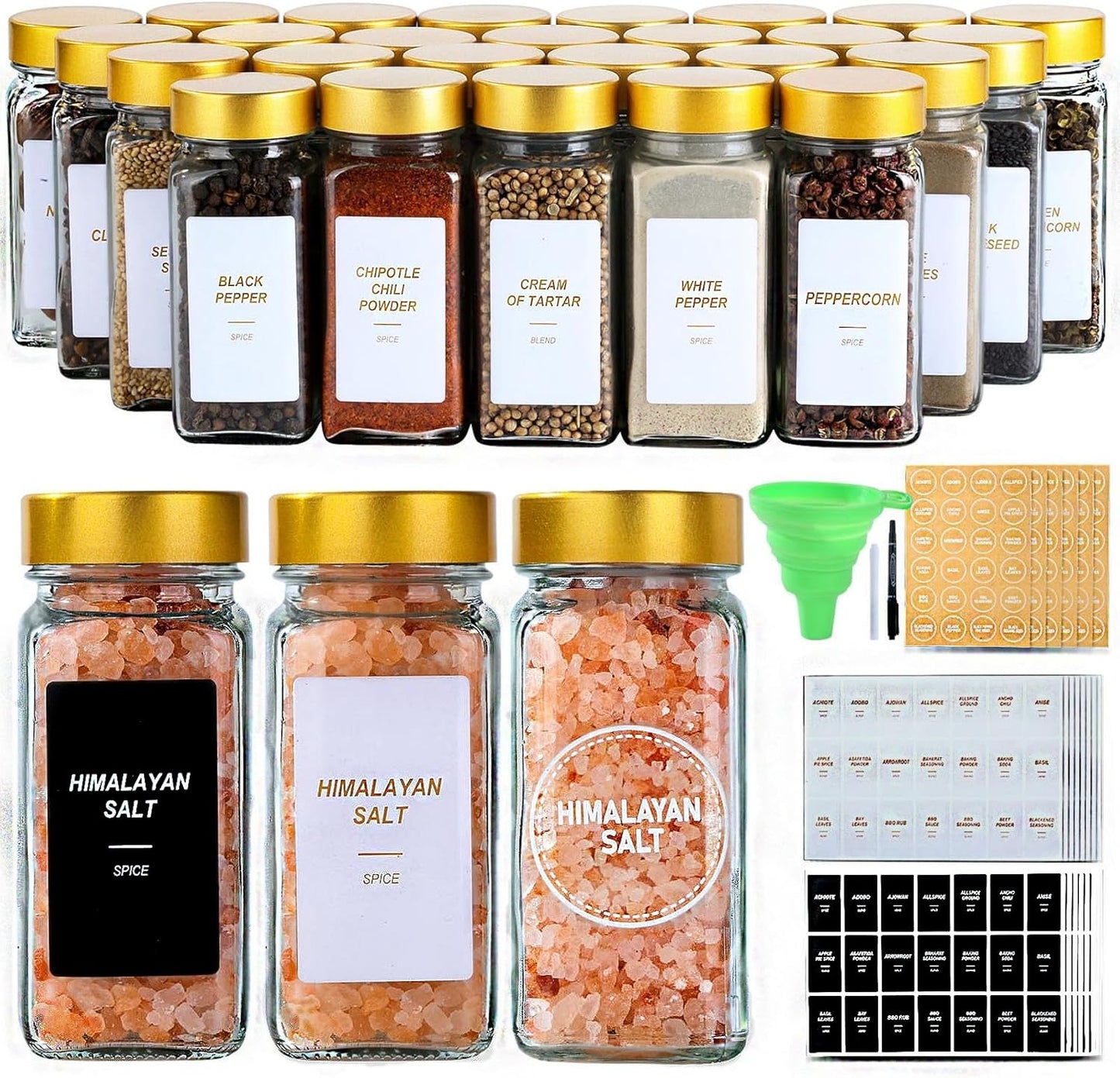 24Pcs Lids-4 oz Set (24) Glass Spice Jars with Label, Spice Jars with Shaker Gold Spice Seasoning Jars Bottles