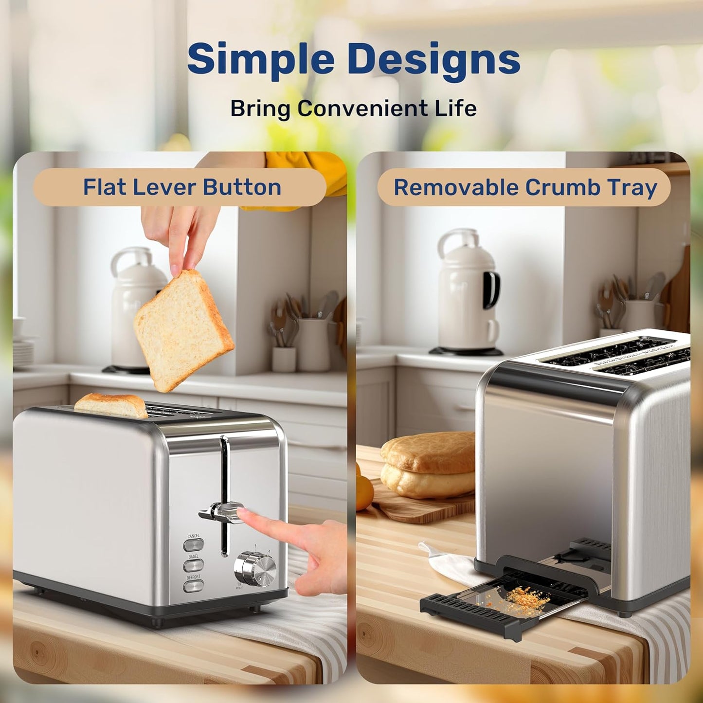 YSSOA 2-Slice Toaster - Silver, 6 Browning Settings, 3 Functions, Extra Wide Slot & Removable Crumb Tray for Bread &