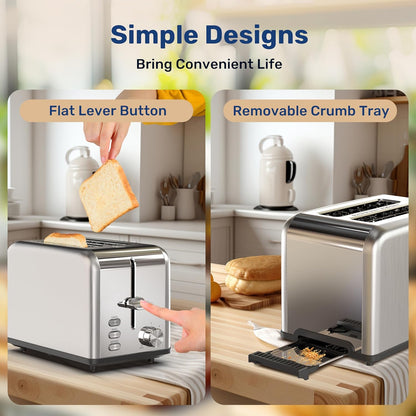 YSSOA 2-Slice Toaster - Silver, 6 Browning Settings, 3 Functions, Extra Wide Slot & Removable Crumb Tray for Bread &