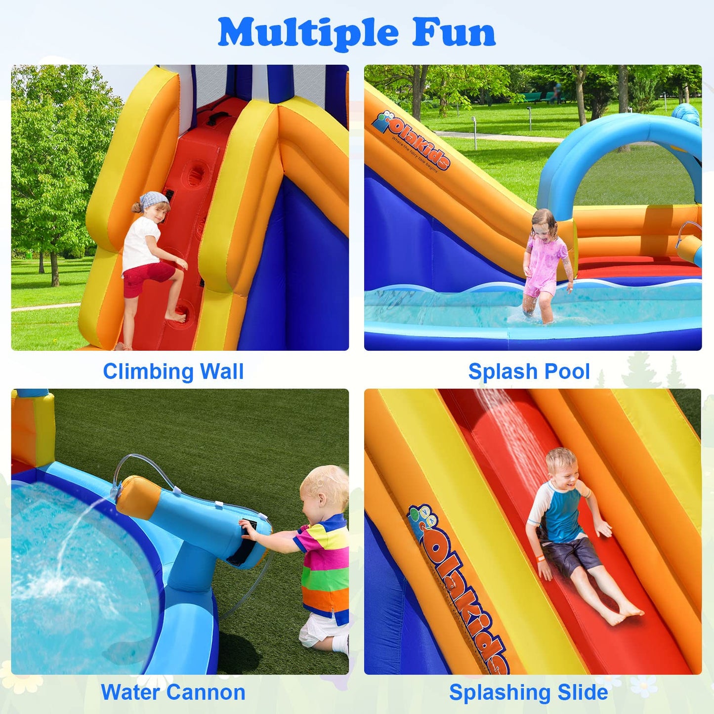 OLAKIDS Inflatable Water Slides, Shark Theme 14FT x 10FT x 8.5FT Bouncy House with Slide, Splash Pool, Climbing Wall, Water Gun, Outdoor Jumping Castle with Hose, Carry Bag, Stakes