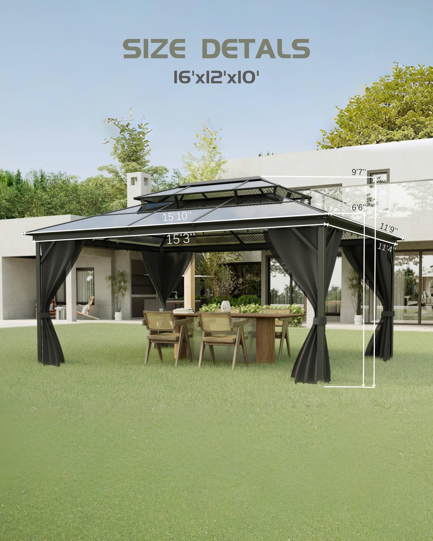 PeakPursuit Heavy Duty Hardtop Gazebo 12'x16' – Double Polycarbonate Roof, Aluminum Frame, Curtains & Netting, Weather-Resistant Permanent Outdoor Pavilion for Patio, Deck, Garden, Khaki