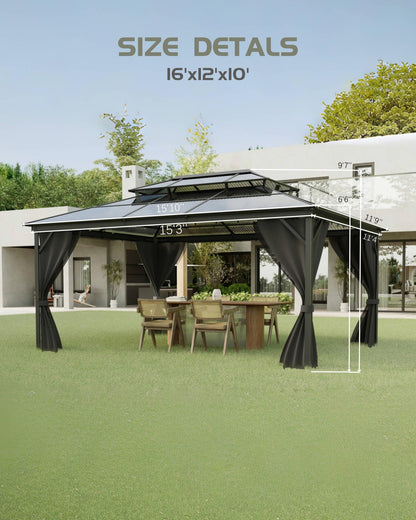 PeakPursuit Heavy Duty Hardtop Gazebo 12'x16' – Double Polycarbonate Roof, Aluminum Frame, Curtains & Netting, Weather-Resistant Permanent Outdoor Pavilion for Patio, Deck, Garden, Khaki